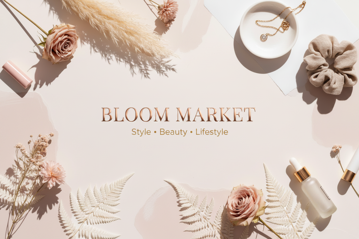 Banner BLOOM MARKET rosado y dorado